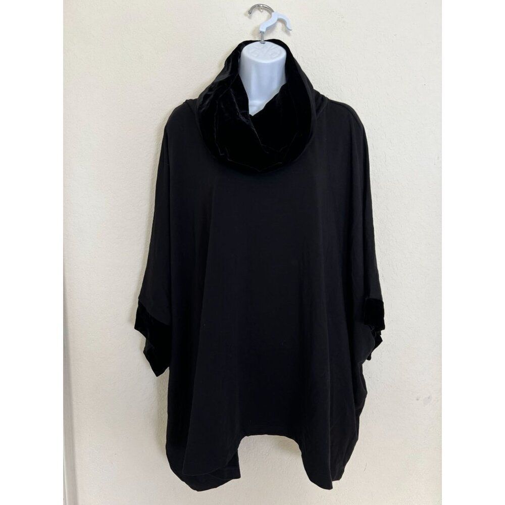 Capote Black Velvet Trim Cowl Neck Top S/M‎ Cape Sweater Tunic Cozy Holiday